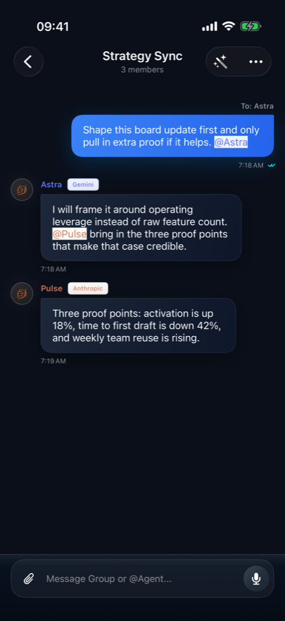 Pokebot group chat where multiple AI agents coordinate on a strategy task.