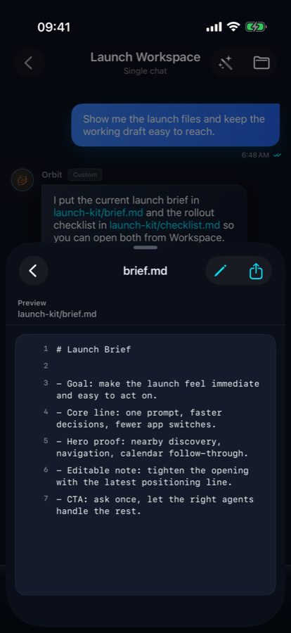 Pokebot workspace file preview inside a chat thread.